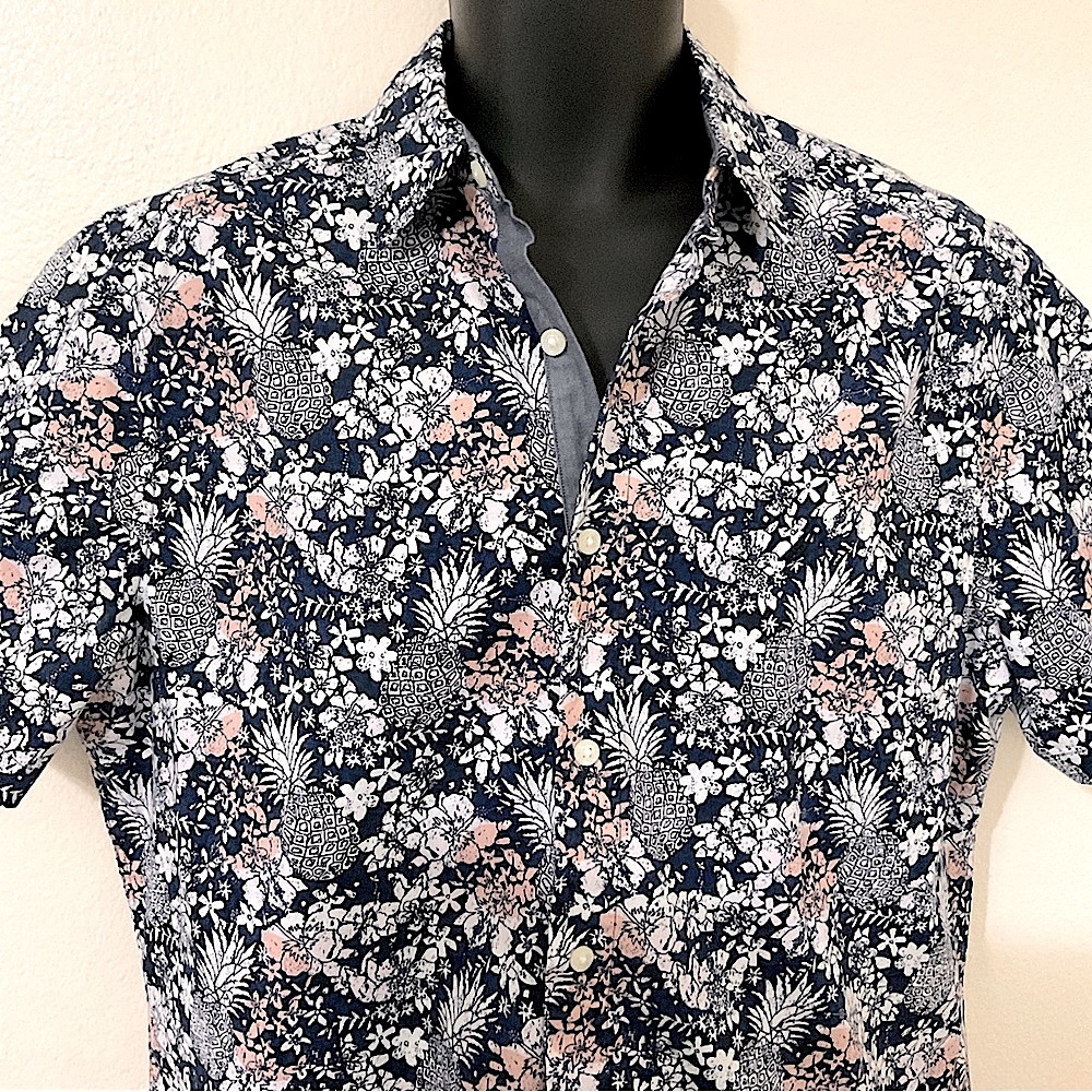 Nautica Pineapple Floral Stretch Shirt Blue M